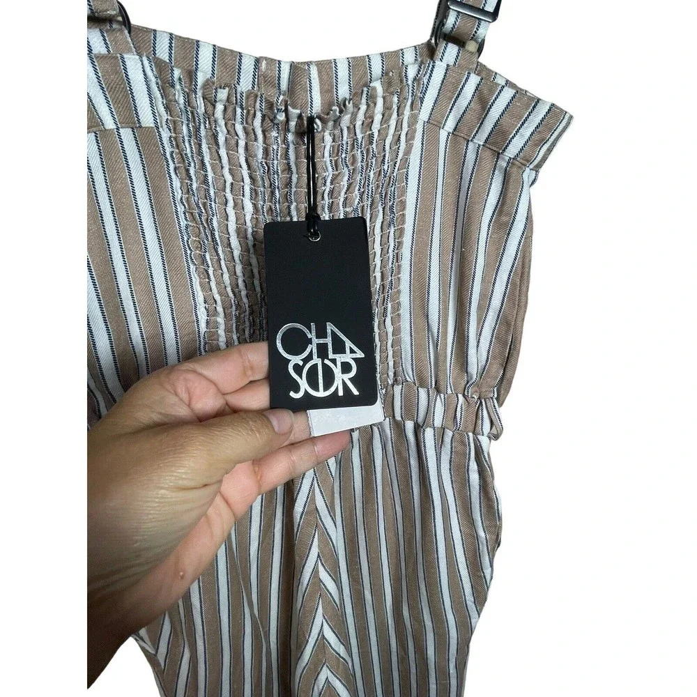 Chaser Wide Leg Tie Waist Jumpsuit Tan, White‎ Stripe Extra Small NWT Miss Belt